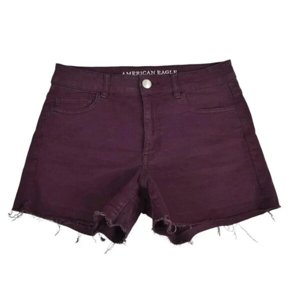 American Eagle Hi-Rise Shortie Jean Shorts Burgundy Super Stretch Size 8 - Picture 3 of 12